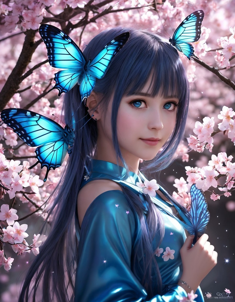 Young woman with blue hair in cherry blossom setting