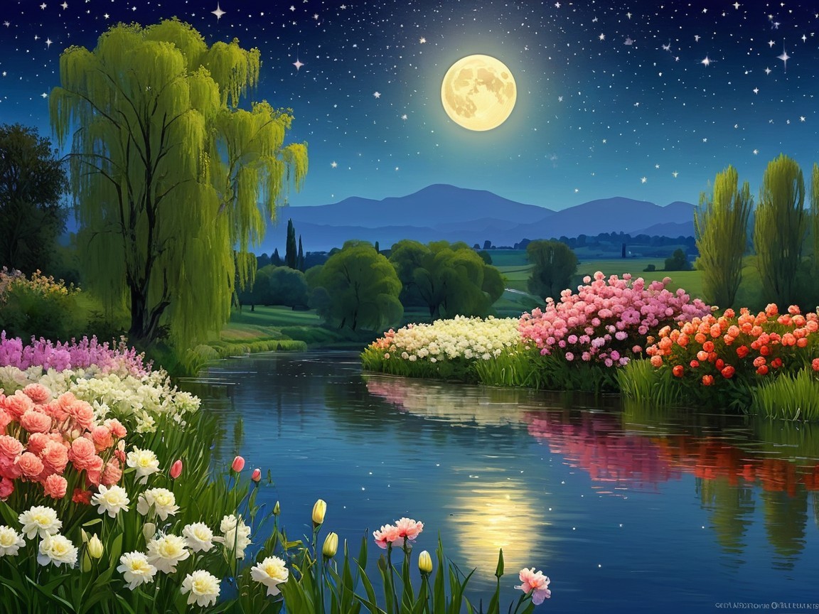Serene Night Landscape with River and Full Moon