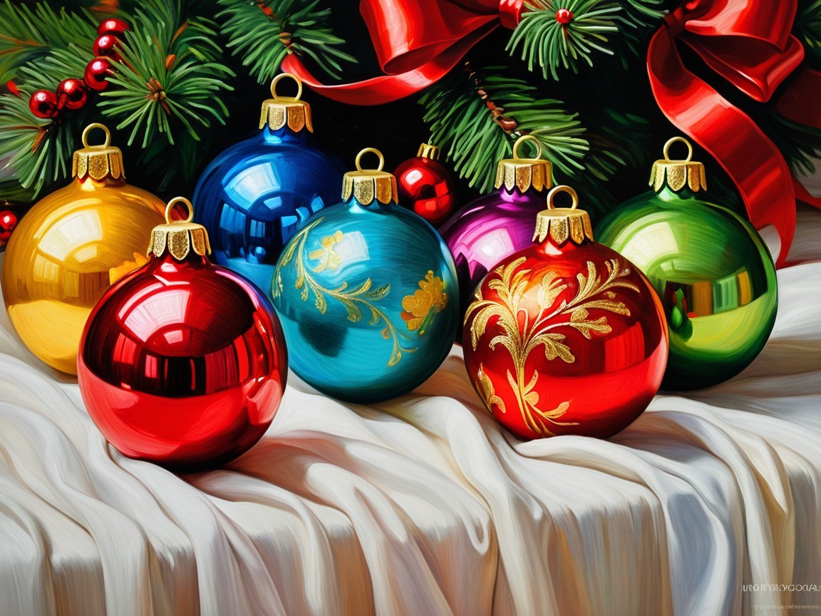 Vibrant Christmas Ornaments on Green Pine Branches