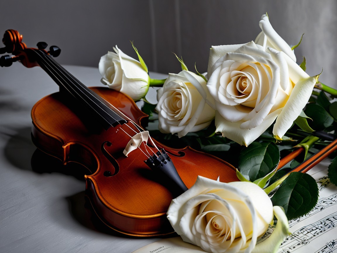 Polished Wooden Violin with White Roses and Music Sheet