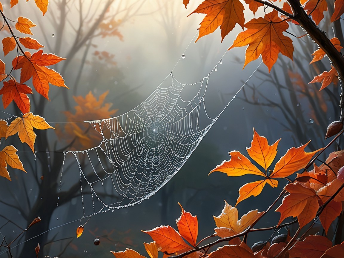 Delicate Spiderweb with Dewdrops Among Autumn Leaves