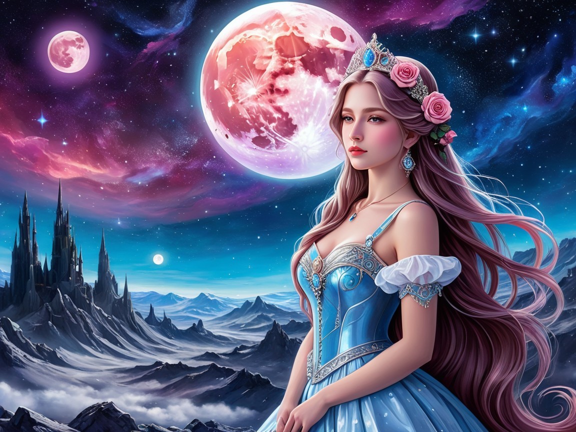 Regal Figure in Blue Gown Against Cosmic Backdrop