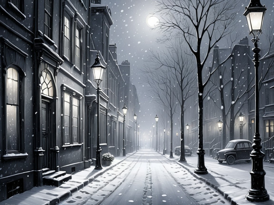 Snowy Night Street Scene with Row Houses and Moon