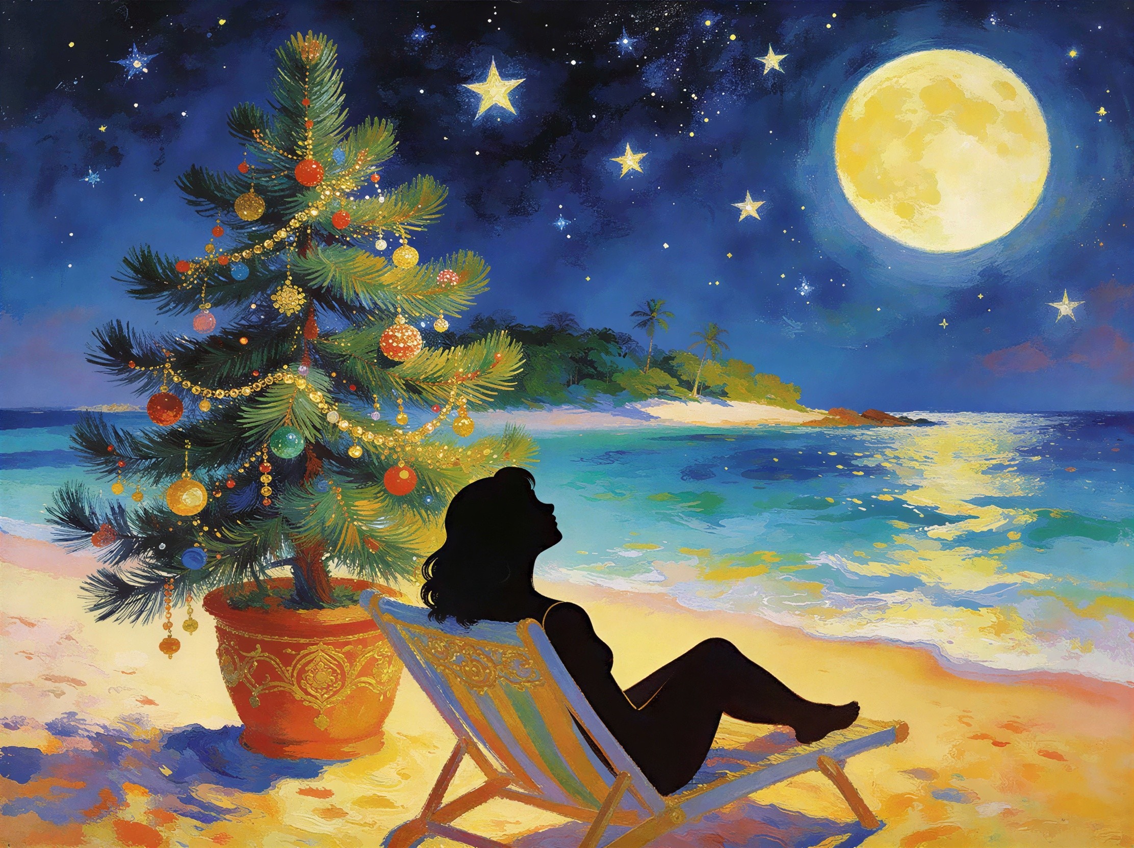 Tropical Christmas Night Scene with Vibrant Colors