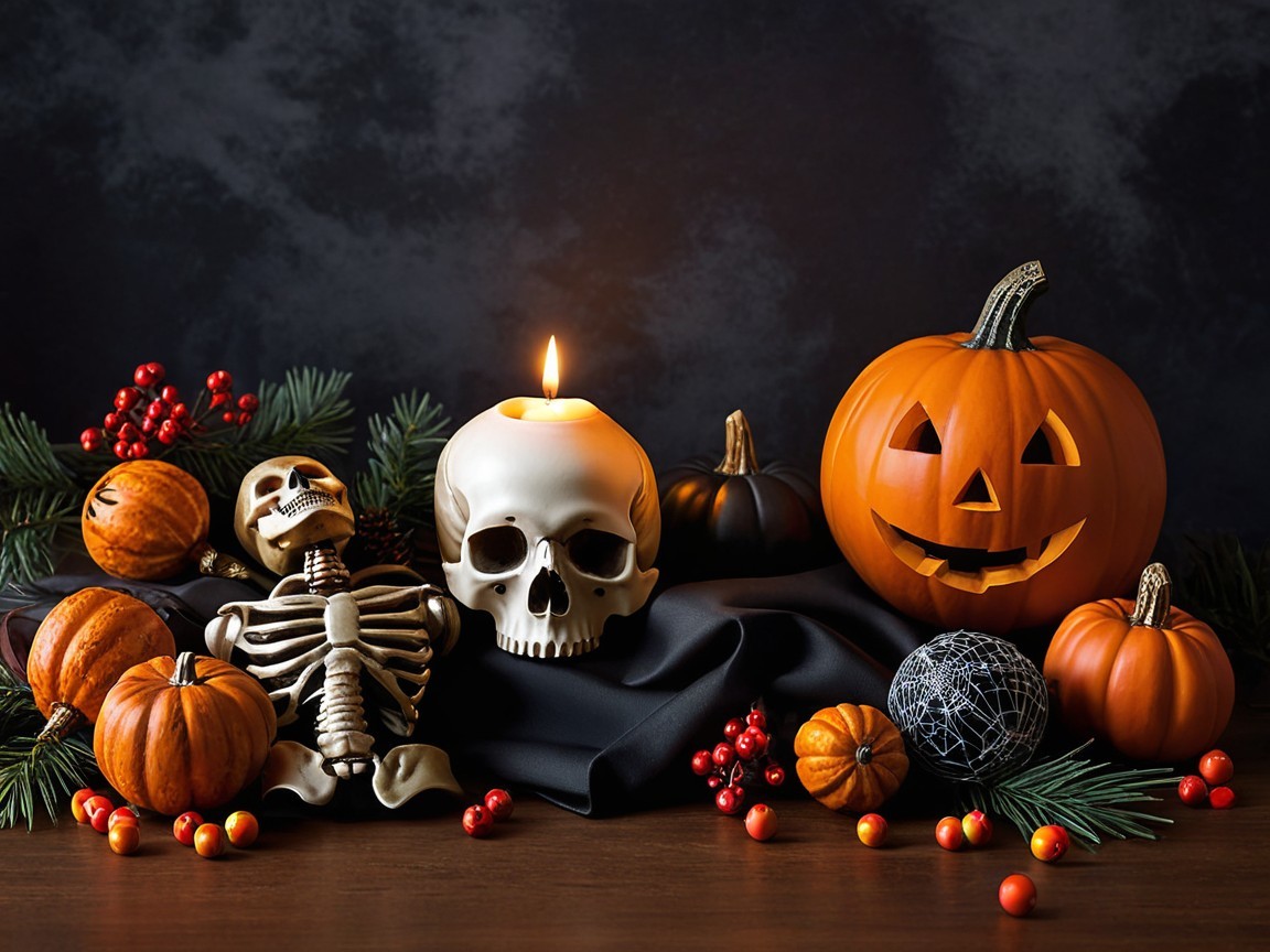 Halloween Decor with Jack-o'-Lantern and Skeleton