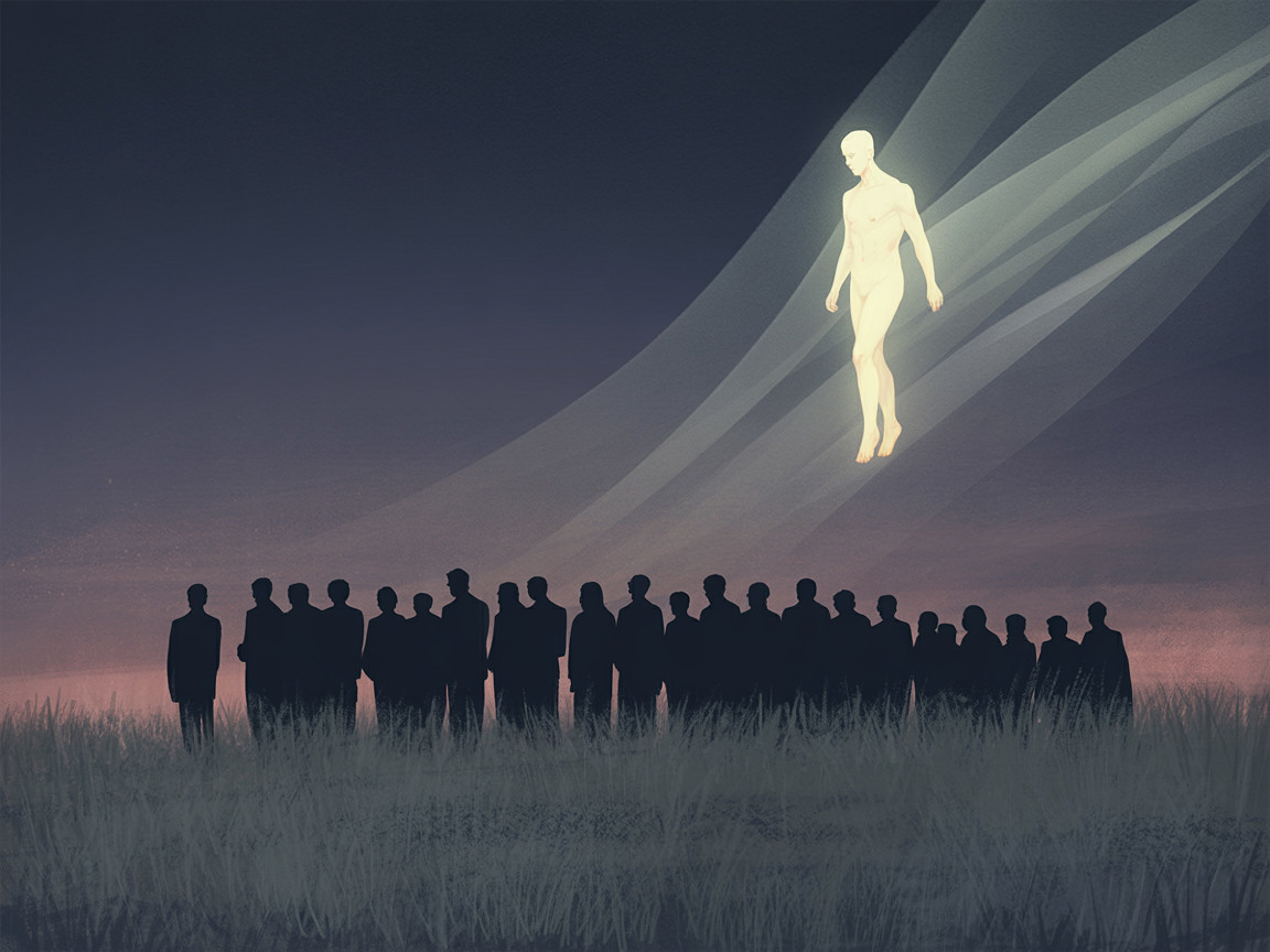 Silhouetted Figures Under Luminous Ethereal Being