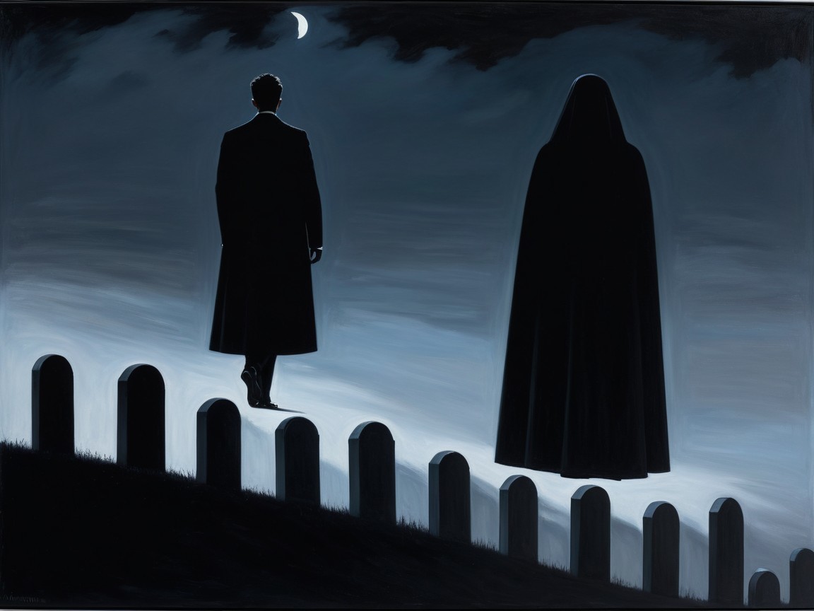 Man in Long Coat Walks Among Dark Gravestones at Night