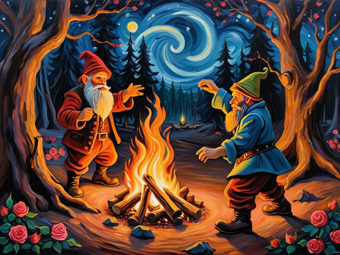 Cheerful Gnomes by a Campfire in a Whimsical Forest