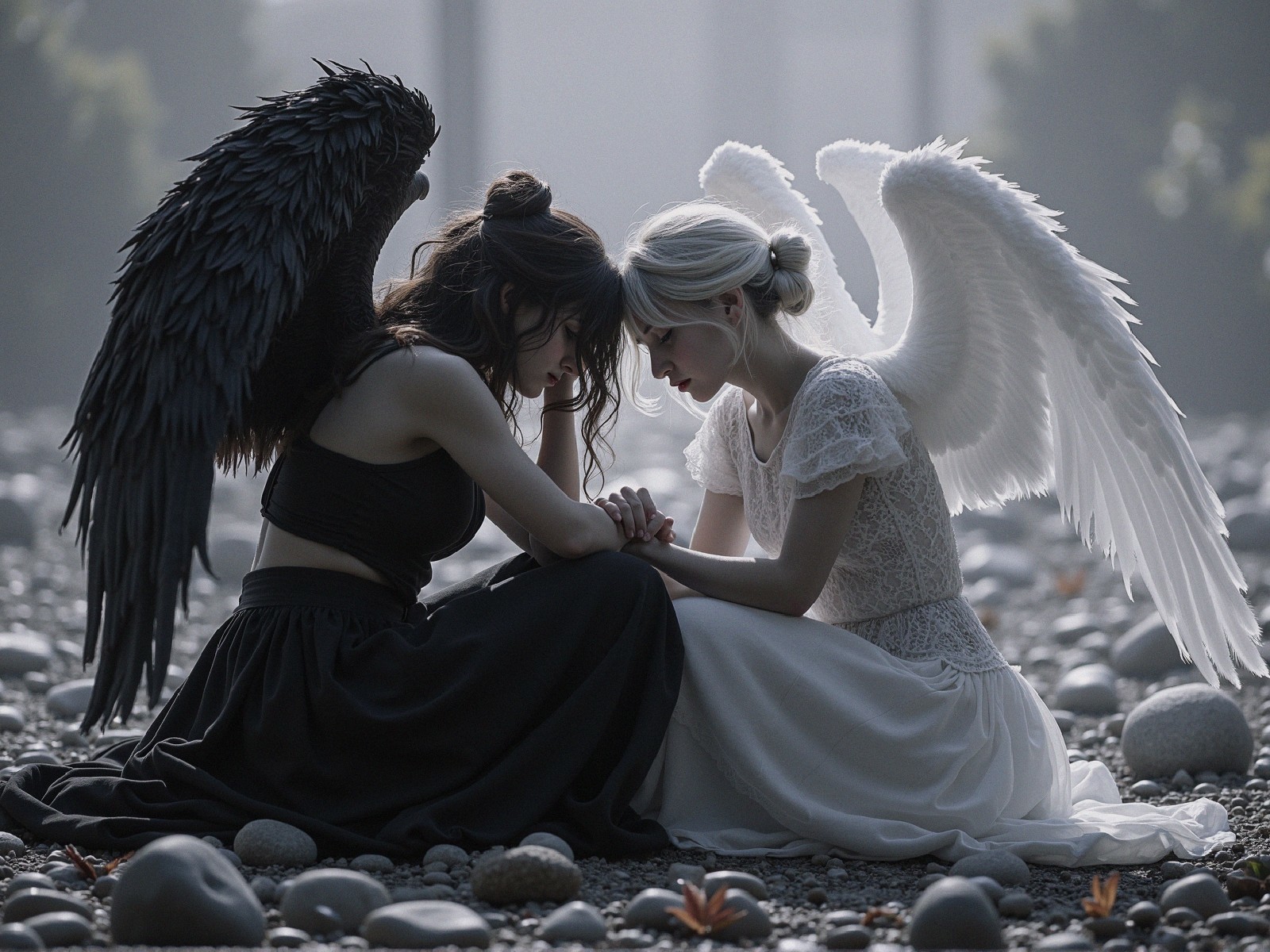 Women with contrasting wings on a riverbank setting
