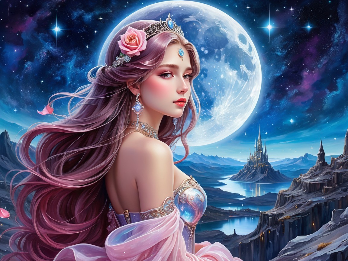 Beautiful Woman in Mystical Landscape with Moon and Castle