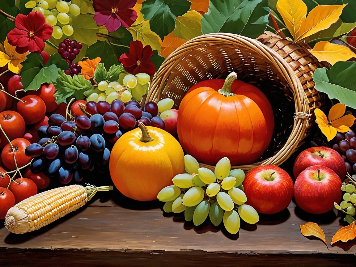 Vibrant Still Life of Autumn Fruits and Vegetables