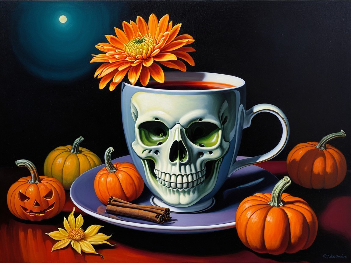 Still Life of Skull-Shaped Coffee Cup and Pumpkins