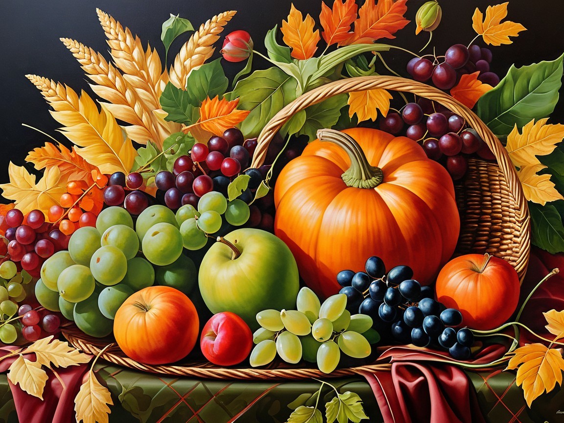 Vibrant Still Life with Autumn Fruits and Leaves