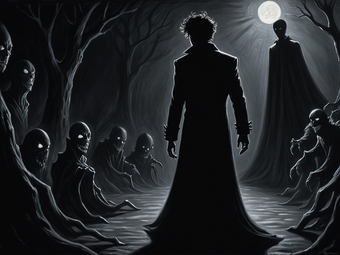 Lone Figure Confronts Skeletal Entities in Forest