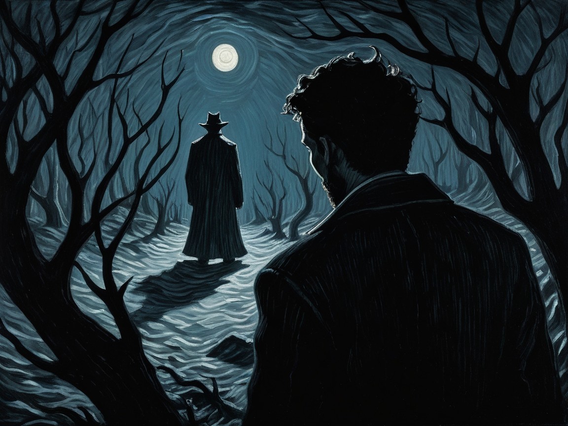 Mysterious Figure in Dark Forest Under Full Moon