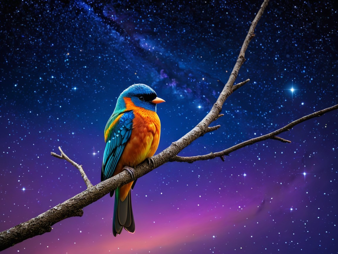 Vibrant Bird on Branch with Cosmic Night Sky Background