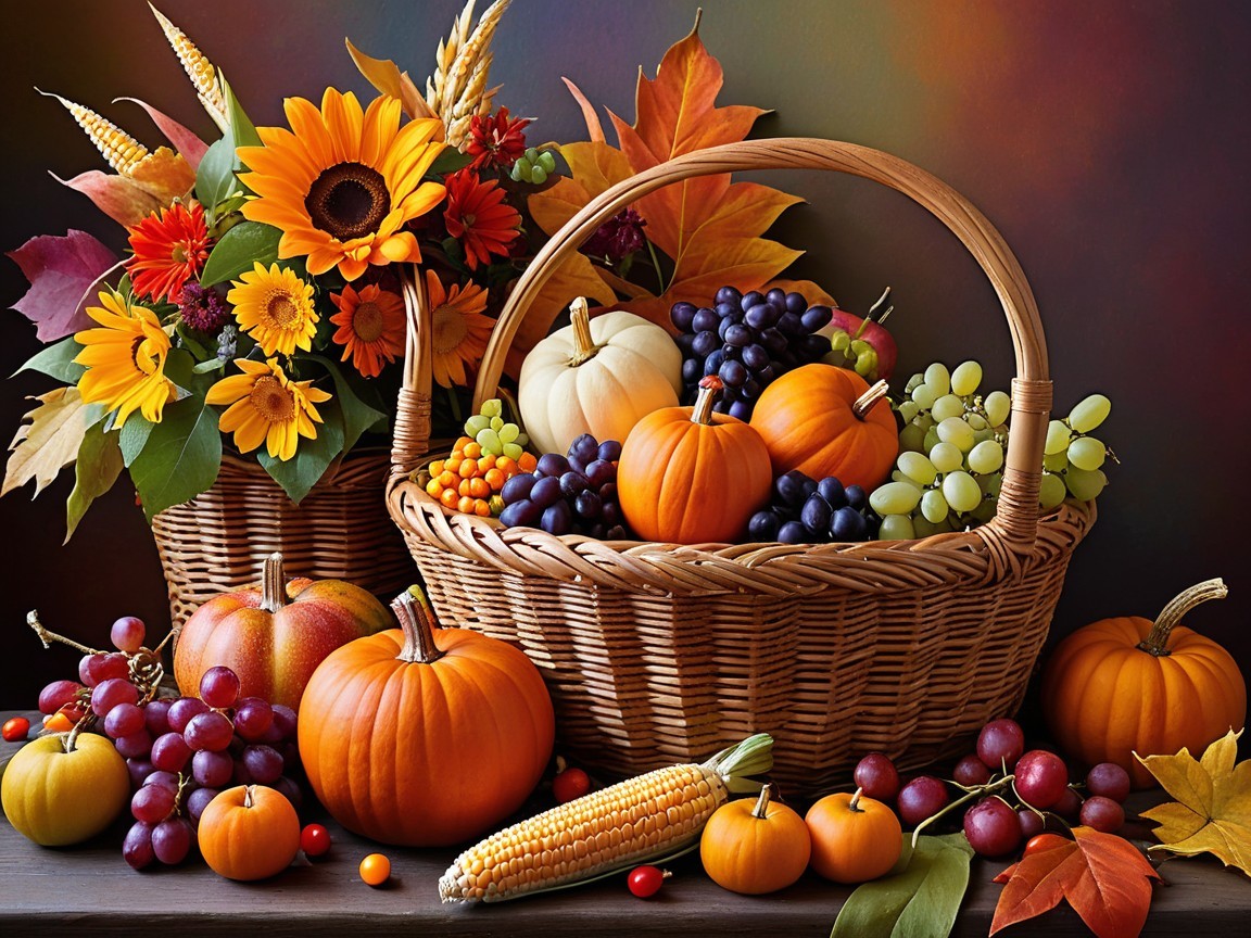 Vibrant Autumn Display with Baskets of Seasonal Produce