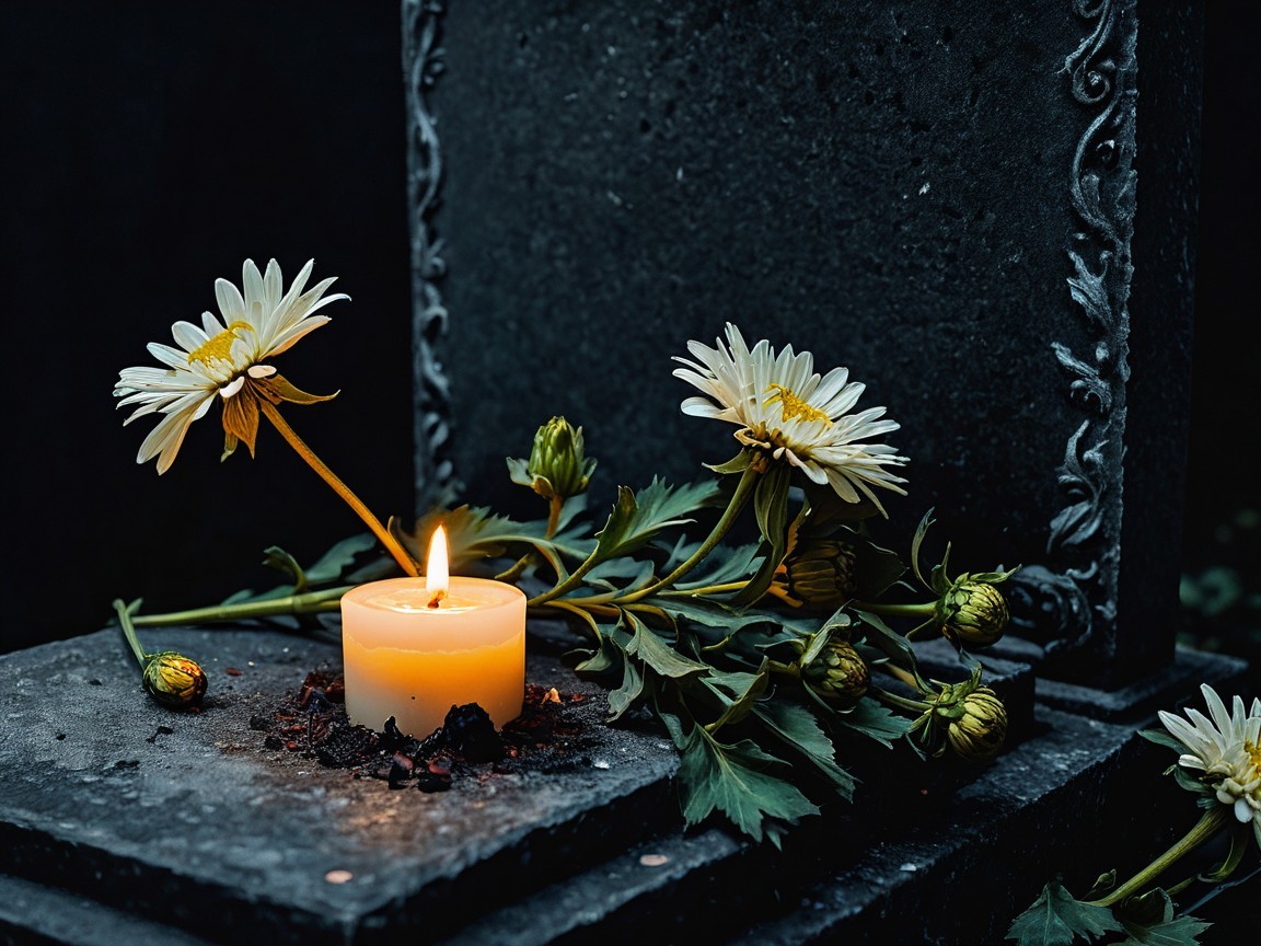 Candlelit Scene with Daisies on Weathered Stone