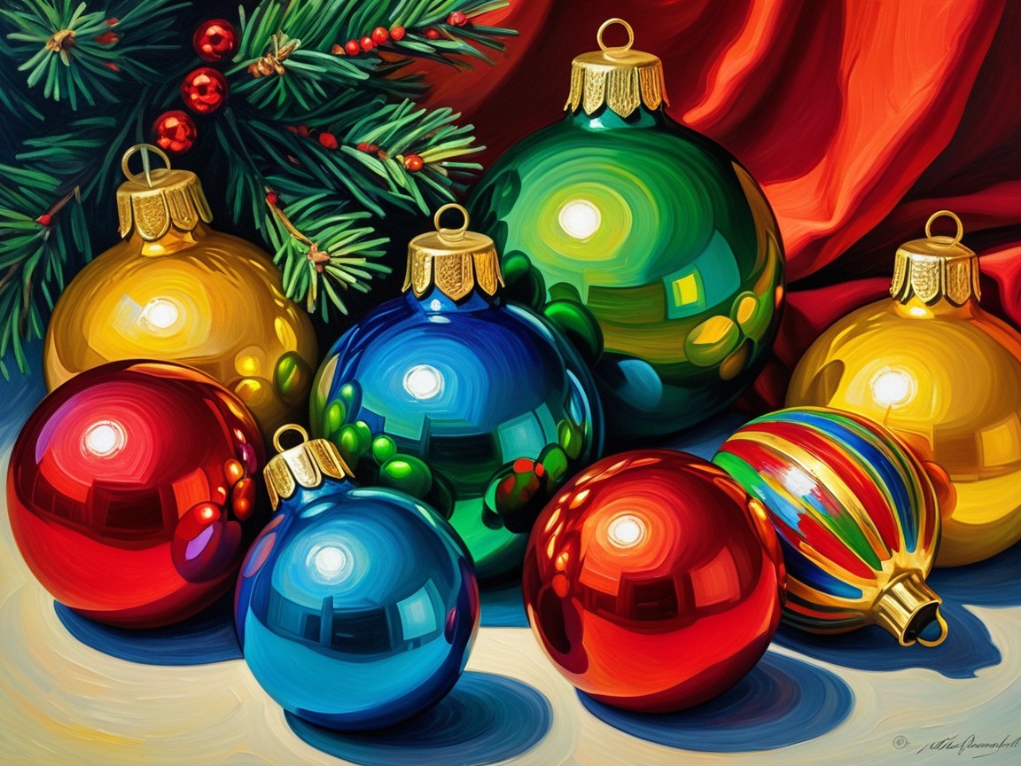 Christmas Ornaments in Red, Green, Gold, and Blue