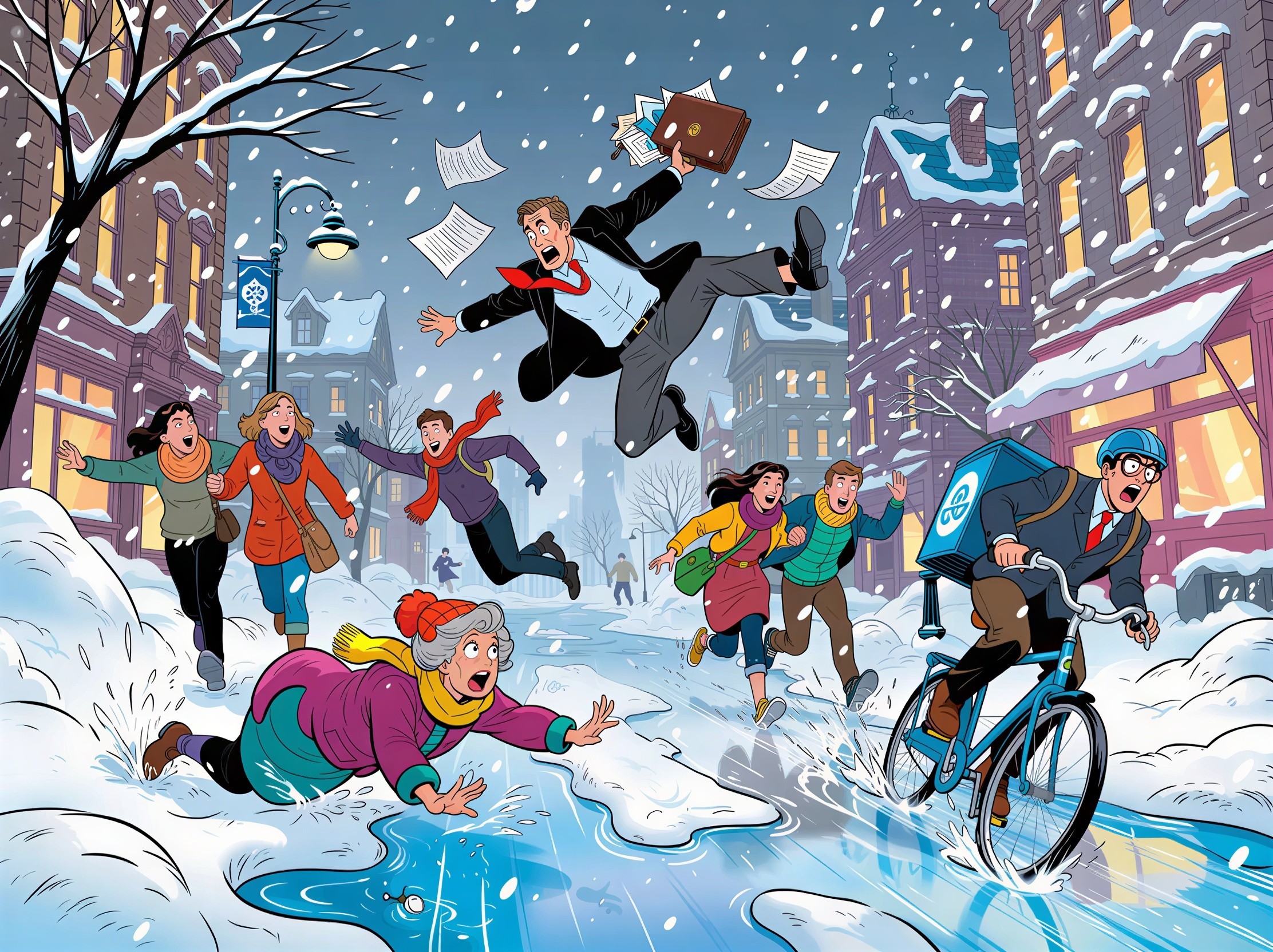 Cartoon Realism Illustration of a Winter Street Scene