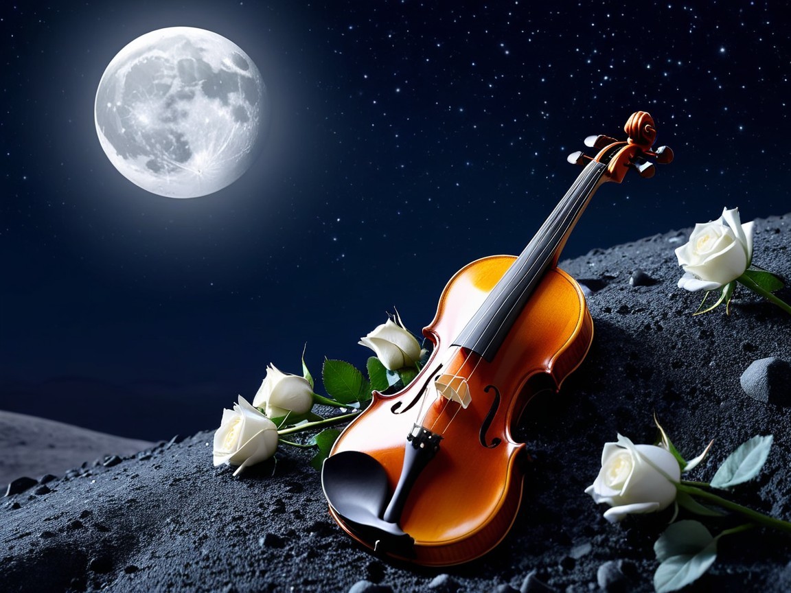 Polished Violin and White Roses Under Moonlight