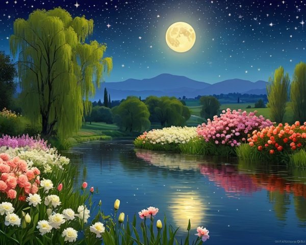 Serene Night Landscape with River and Full Moon
