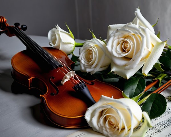 Polished Wooden Violin with White Roses and Music Sheet