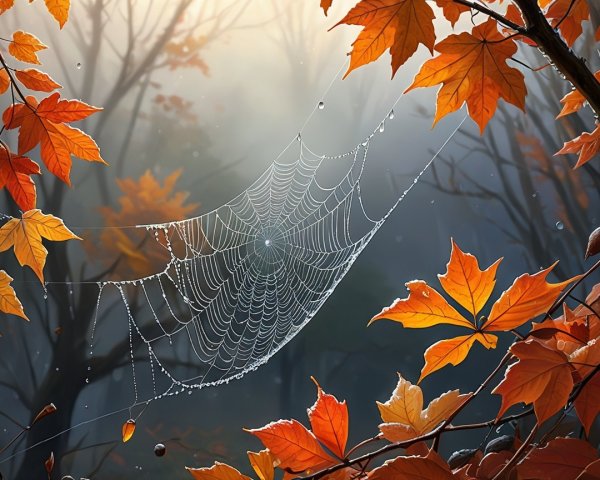 Delicate Spiderweb with Dewdrops Among Autumn Leaves