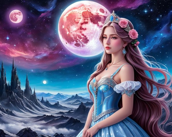 Regal Figure in Blue Gown Against Cosmic Backdrop