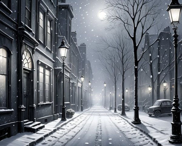 Snowy Night Street Scene with Row Houses and Moon