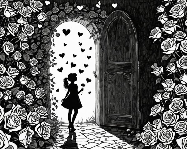 Silhouette of a girl at an open door with roses