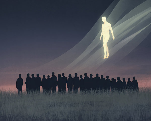 Silhouetted Figures Under Luminous Ethereal Being