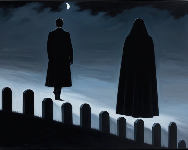 Man in Long Coat Walks Among Dark Gravestones at Night
