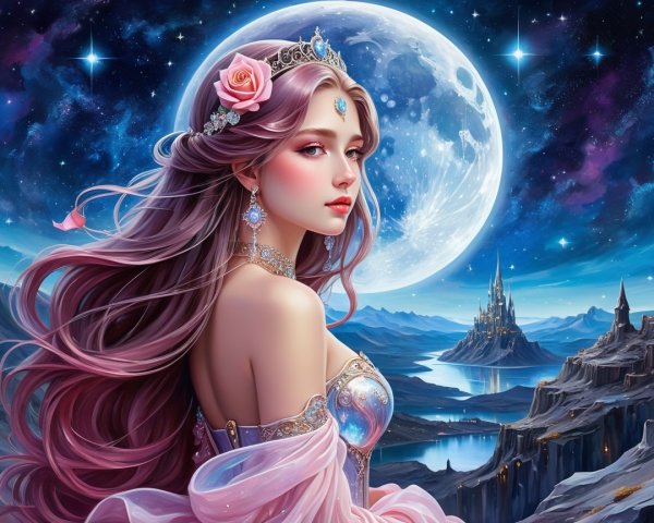 Beautiful Woman in Mystical Landscape with Moon and Castle