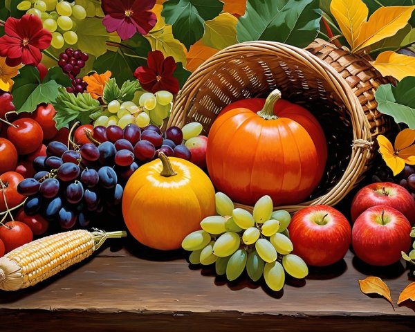 Vibrant Still Life of Autumn Fruits and Vegetables