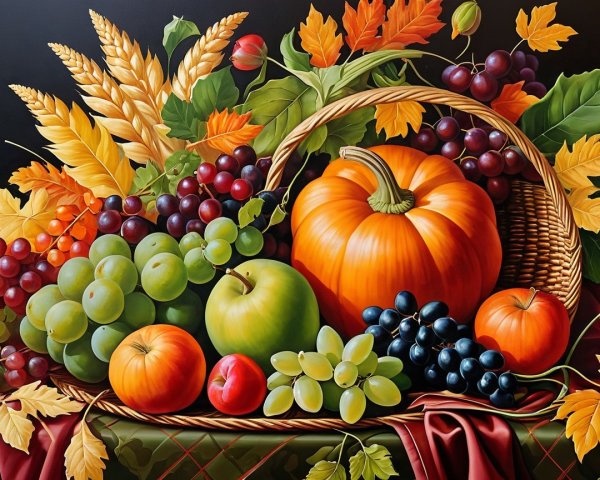 Vibrant Still Life with Autumn Fruits and Leaves