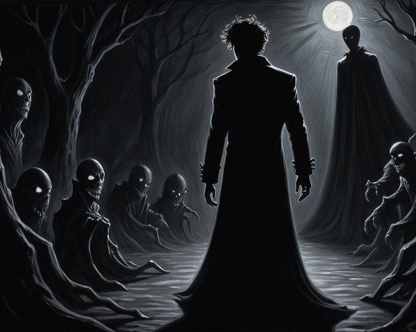 Lone Figure Confronts Skeletal Entities in Forest