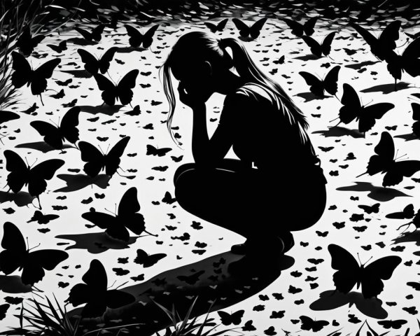 Silhouette of a girl with butterflies in dramatic scene