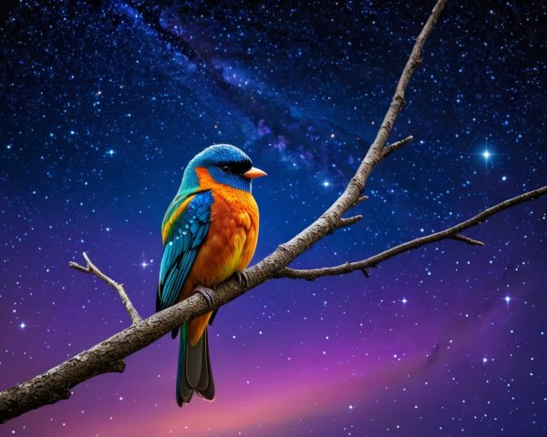 Vibrant Bird on Branch with Cosmic Night Sky Background