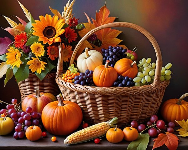 Vibrant Autumn Display with Baskets of Seasonal Produce