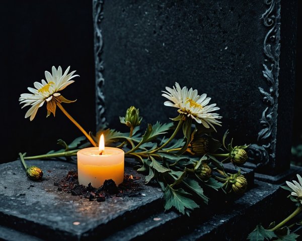 Candlelit Scene with Daisies on Weathered Stone