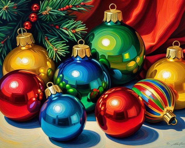 Christmas Ornaments in Red, Green, Gold, and Blue