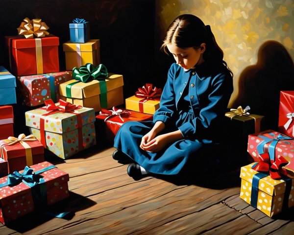 Young girl in blue dress surrounded by colorful gifts