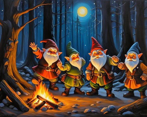 Gnomes Gather Around Campfire in Moonlit Forest Clearing