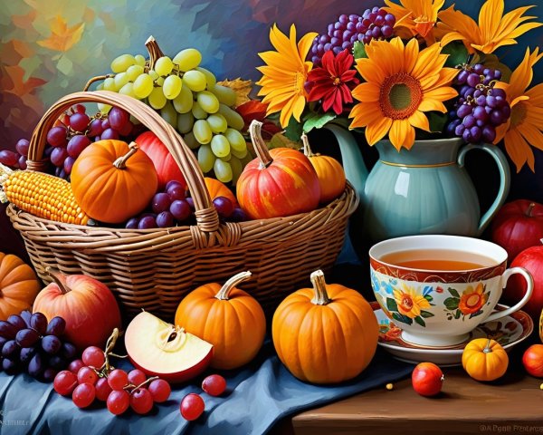 Vibrant Still Life of Fruits and Autumn Decor