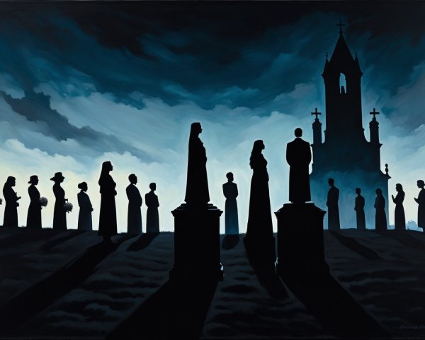 Silhouette Scene of Figures Before Dark Church