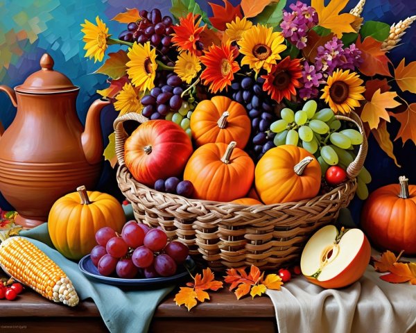 Vibrant Autumn Scene with Harvest Basket and Colors