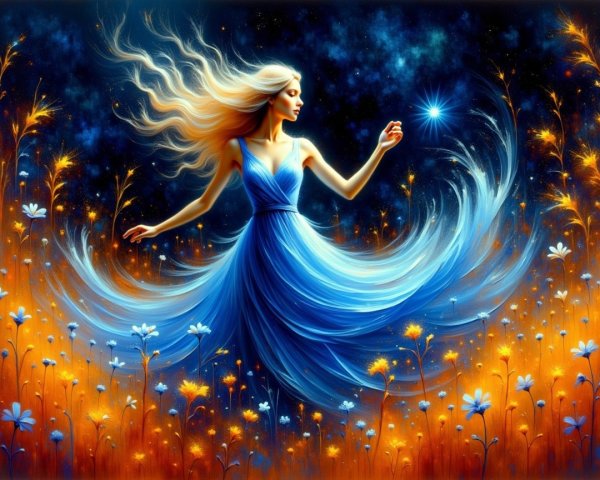 Graceful figure in blue gown among vibrant flowers