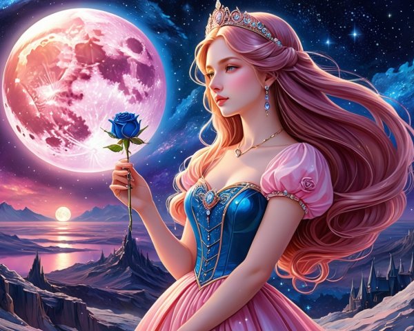 Young woman in gown with pink hair and moonlit backdrop