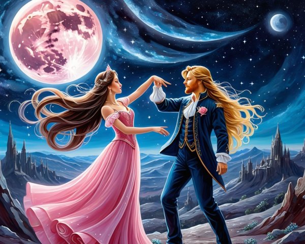 Romantic Dance Under a Starry Sky with Full Moon